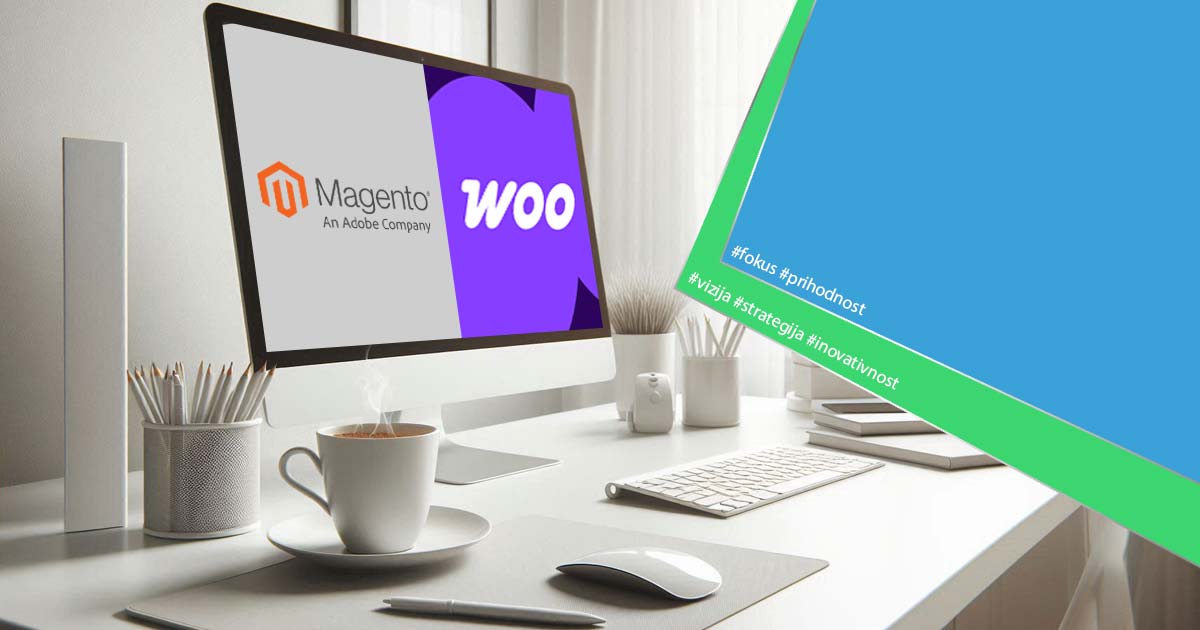 WooCommerce vs Magento vs WooCommerce logotipa na ekranu.