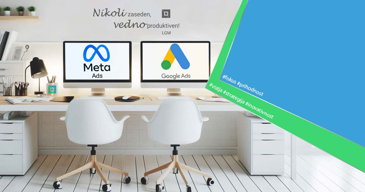 Monitorja z logotipoma. Google oglaševanje - Google Ads (SEM) & Facebook oglaševanje - Meta Ads (SMM)
